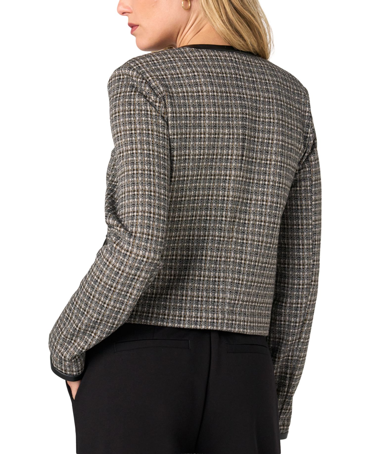 Petite Cropped Collarless Plaid Blazer
