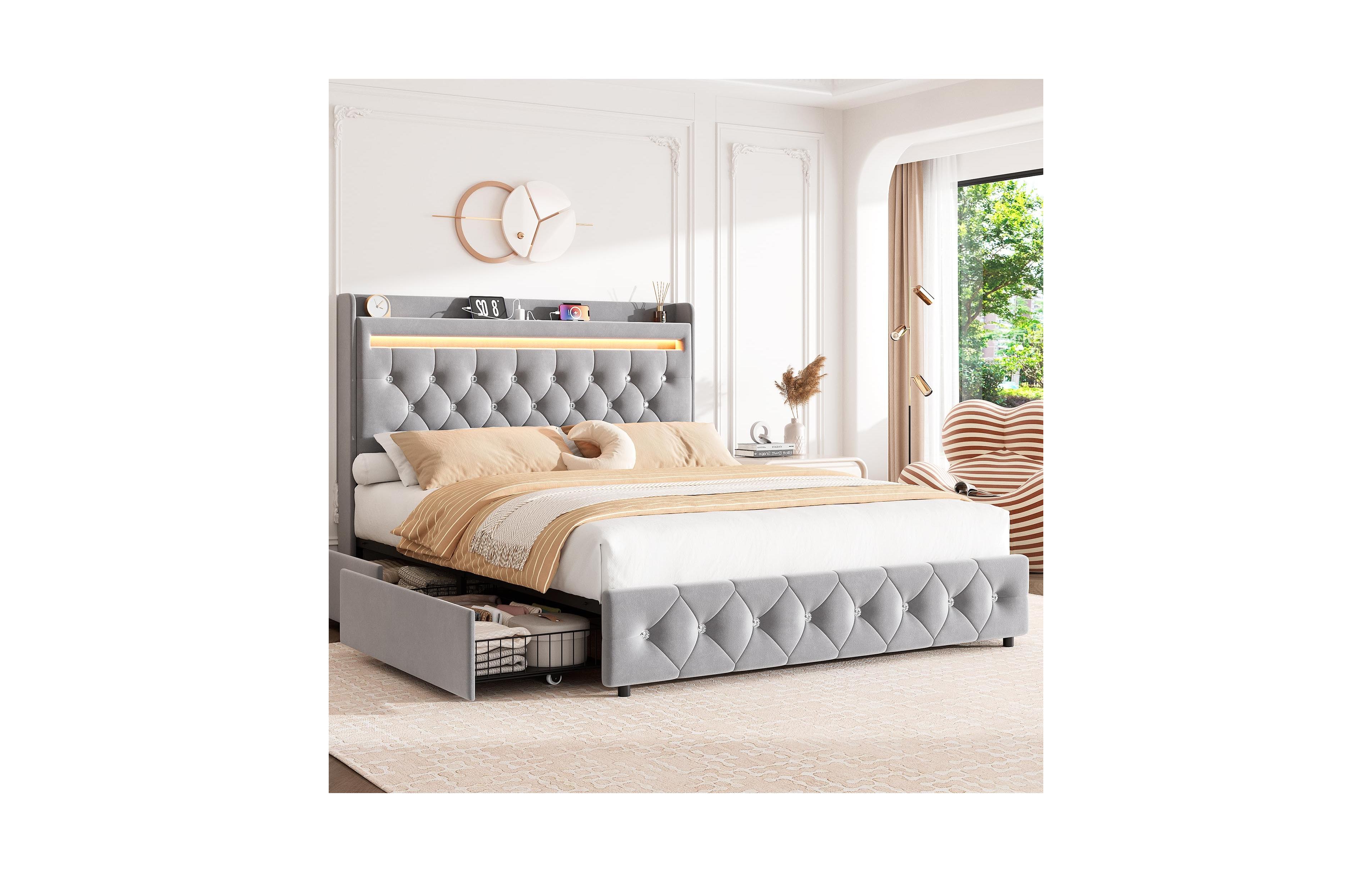 homfan Upholstered Led Bed Frame, Storage Headboard, Charging Station and 2 Drawers, Velvet Princess Platform for Kids, Support