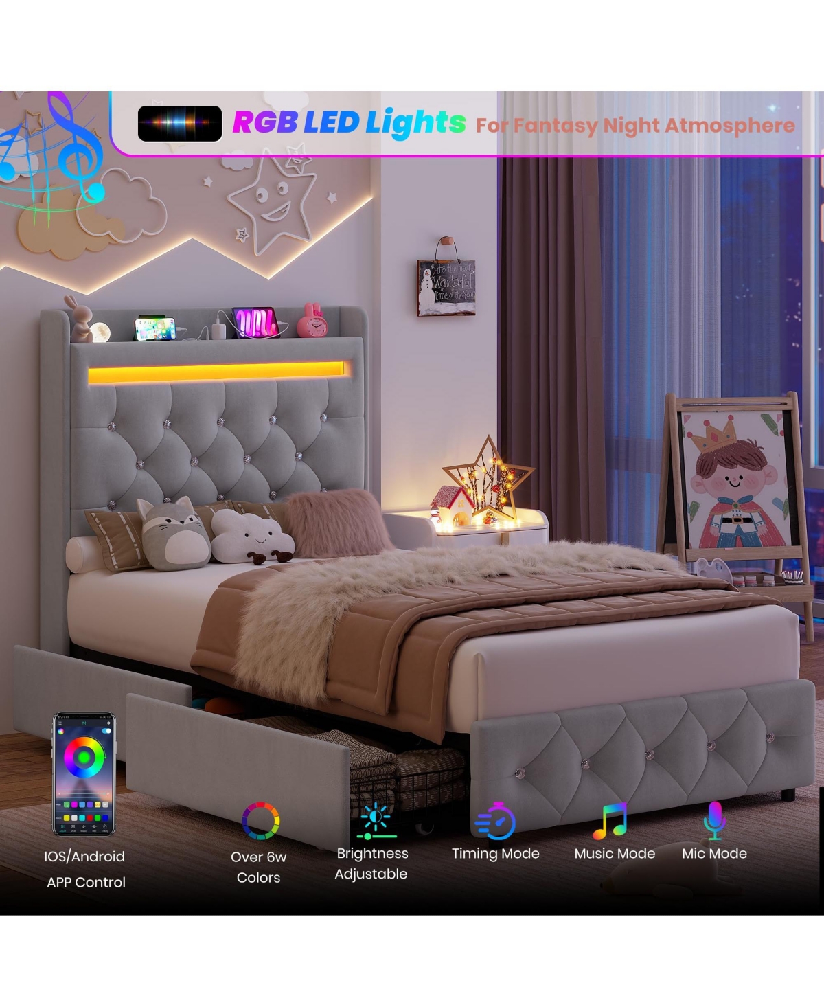 homfan Upholstered Led Bed Frame, Storage Headboard, Charging Station and 2 Drawers, Velvet Princess Platform for Kids, Support