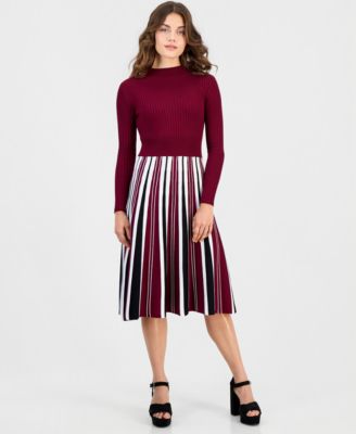 Petite Long-Sleeve Pleated-Skirt Sweater Dress