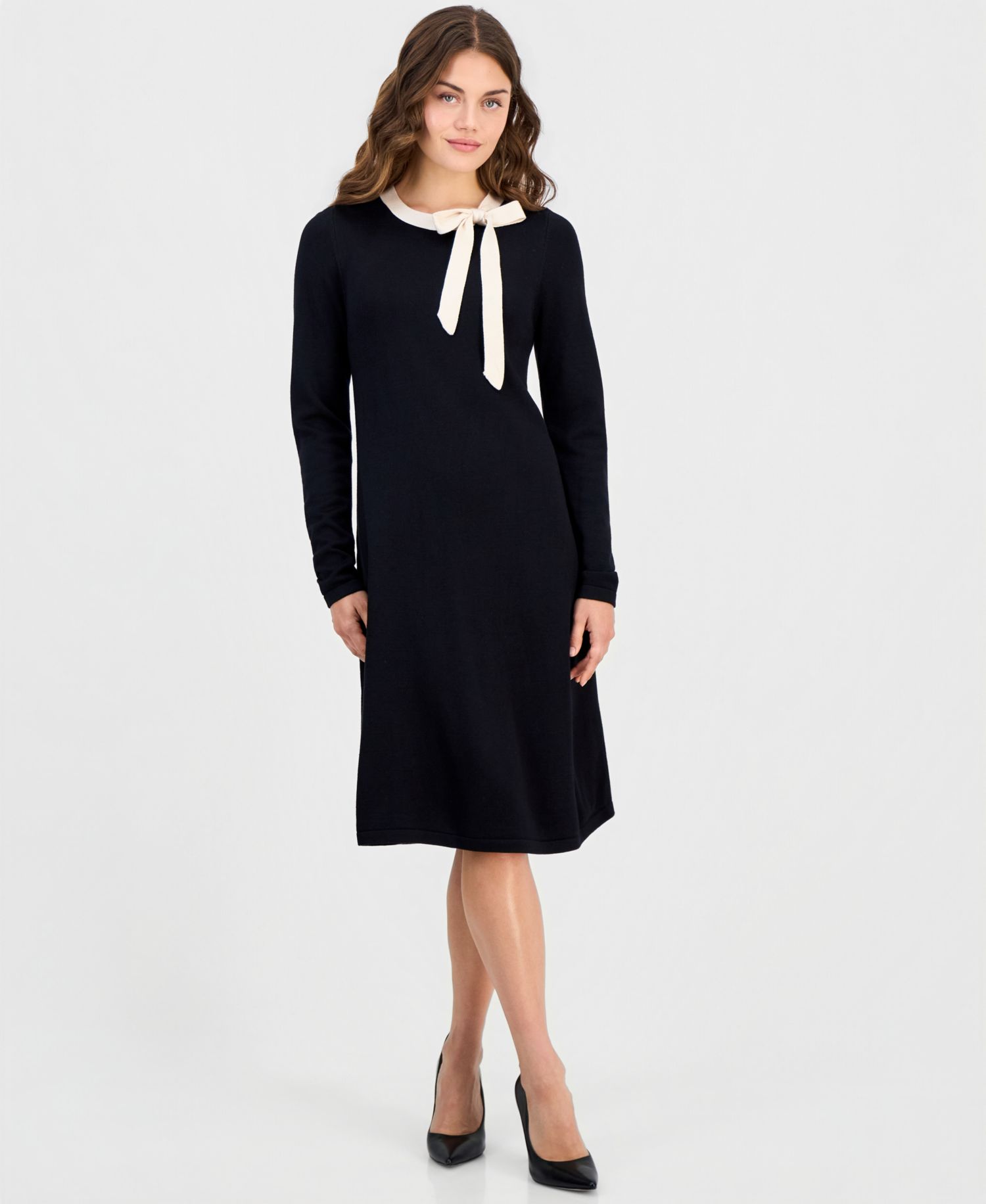 Petite Bow-Trim-Neck Long-Sleeve Glitter Sweater Dress