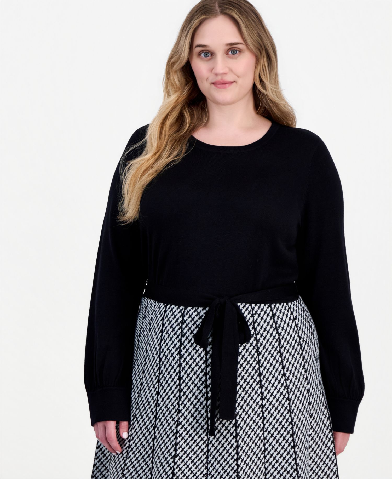 Plus Size Combo Skirt Long-Sleeve Knit Midi A-Line Dress