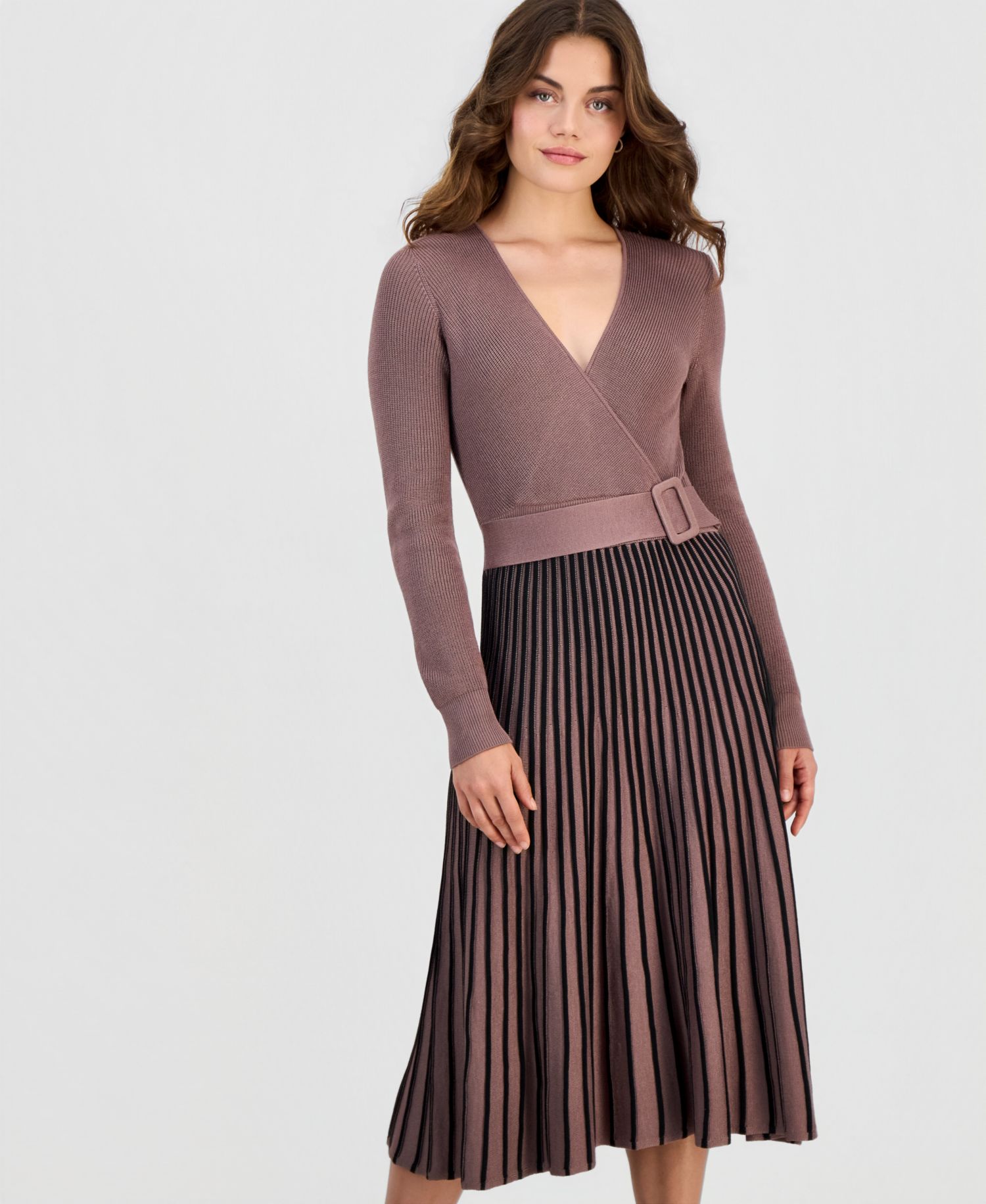 Petite Two-Tone Belted Sweater Dress