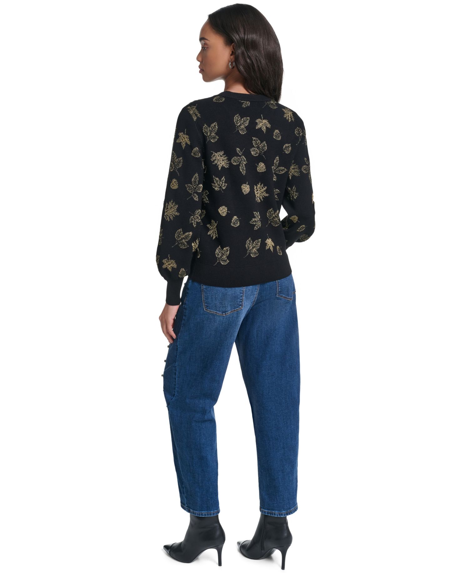 petite Metallic-Leaf Print Crewneck Sweater