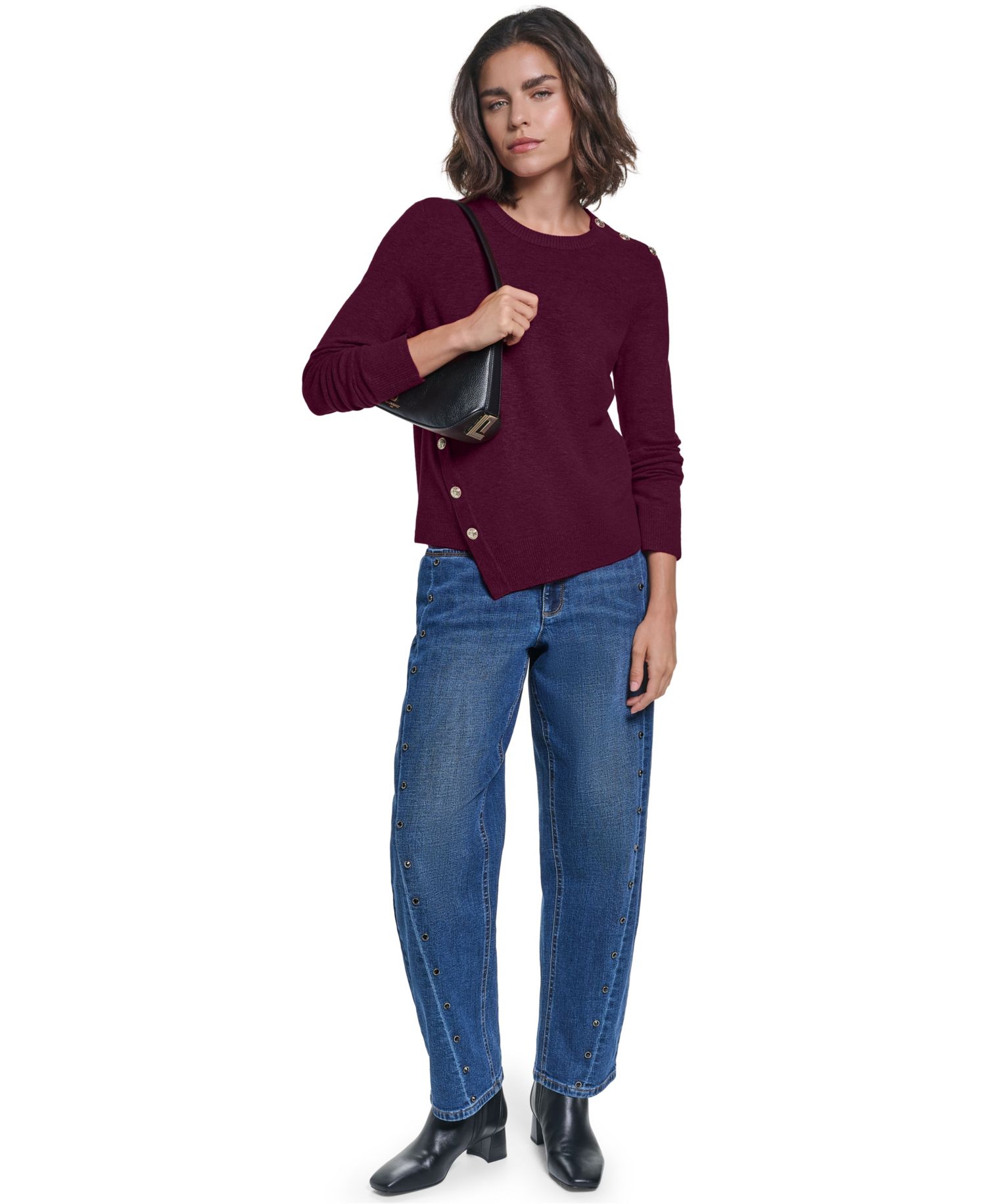 Petite Crewneck Long-Sleeve Asymmetrical-Hem Sweater