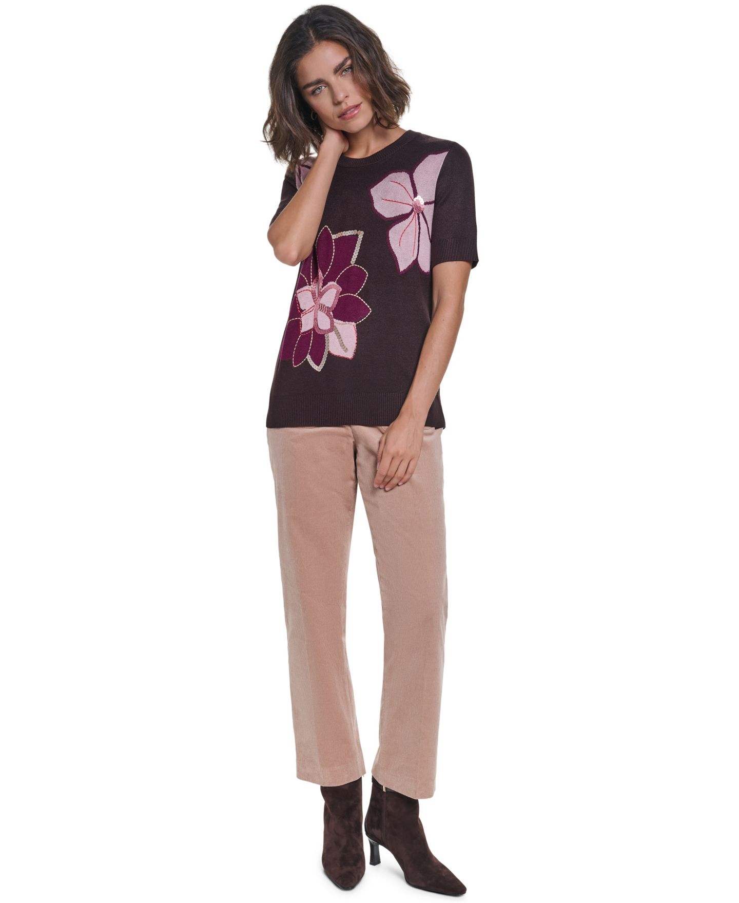 Женский свитер KARL LAGERFELD PARIS Petite Floral-Print Short-Sleeve Embellished, цвет: Шоколадный — фото 2