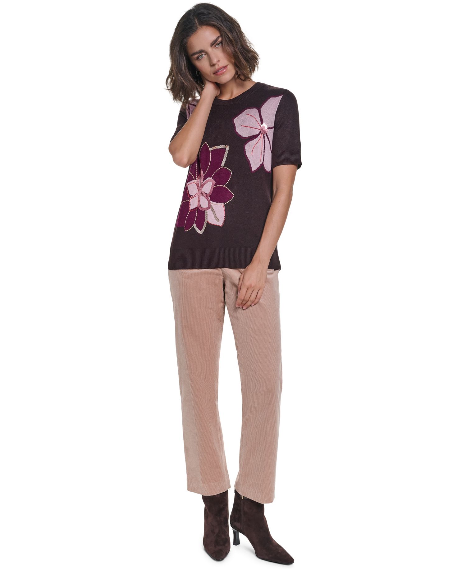 Petite Floral-Print Short-Sleeve Embellished Sweater