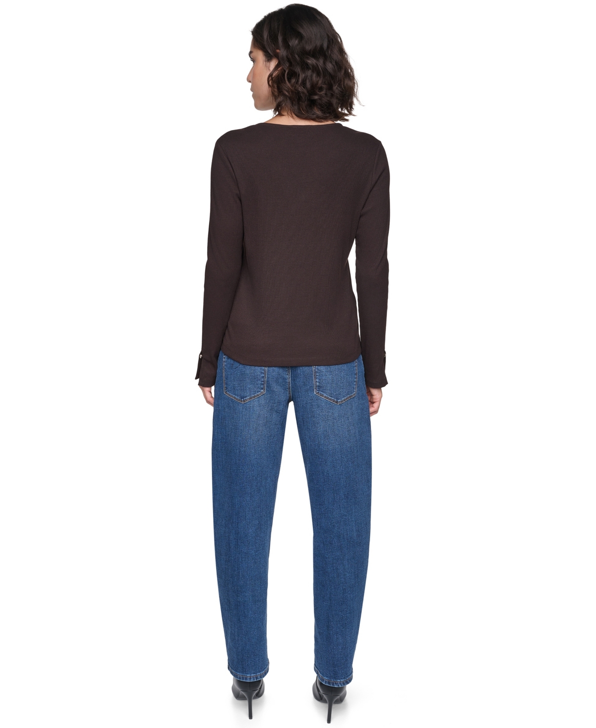 Karl Lagerfeld Paris Petite Ribbed Long-Sleeve Button-Detail Knit Top
