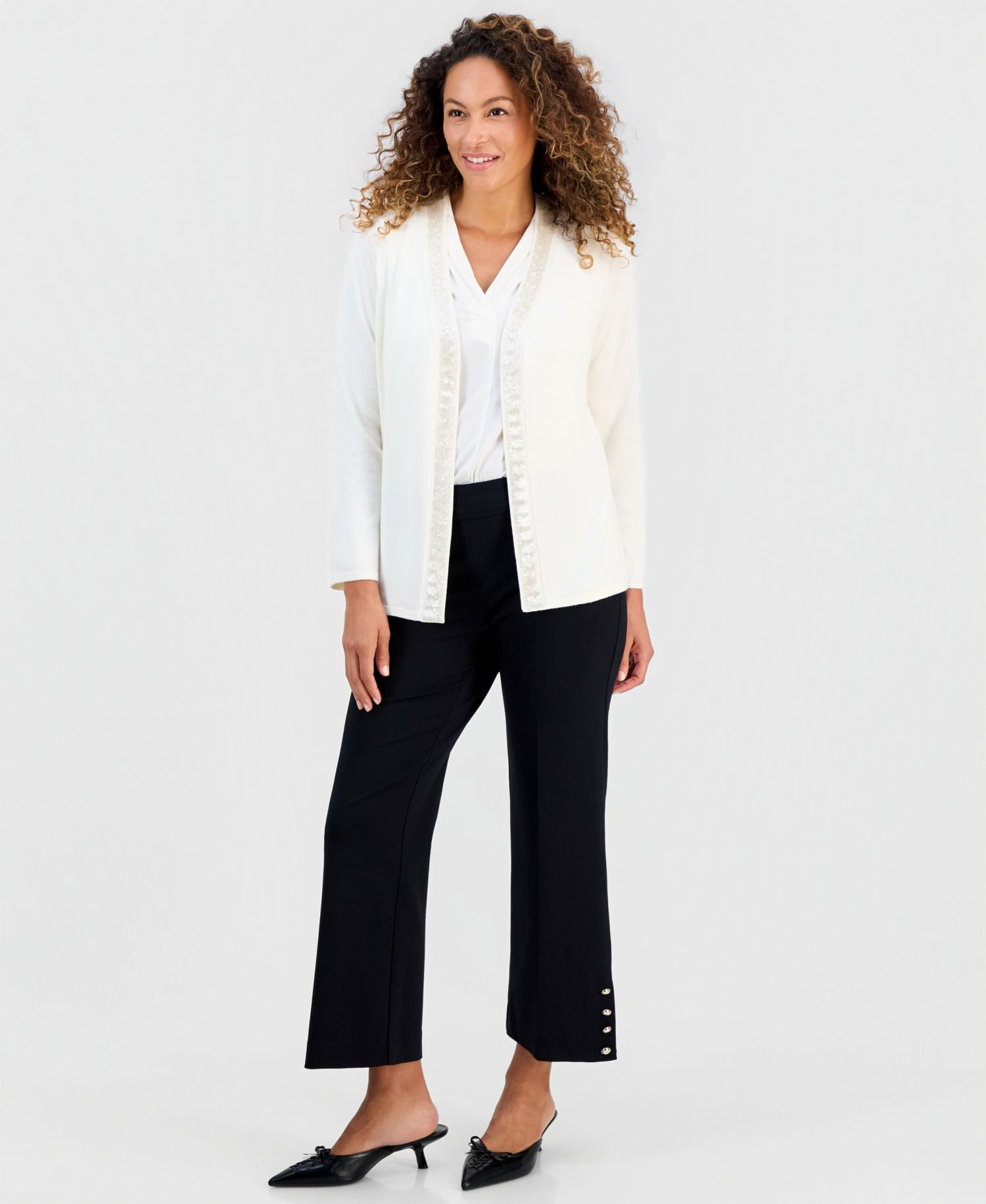Petite Long-Sleeve Open-Front Embellished Cardigan