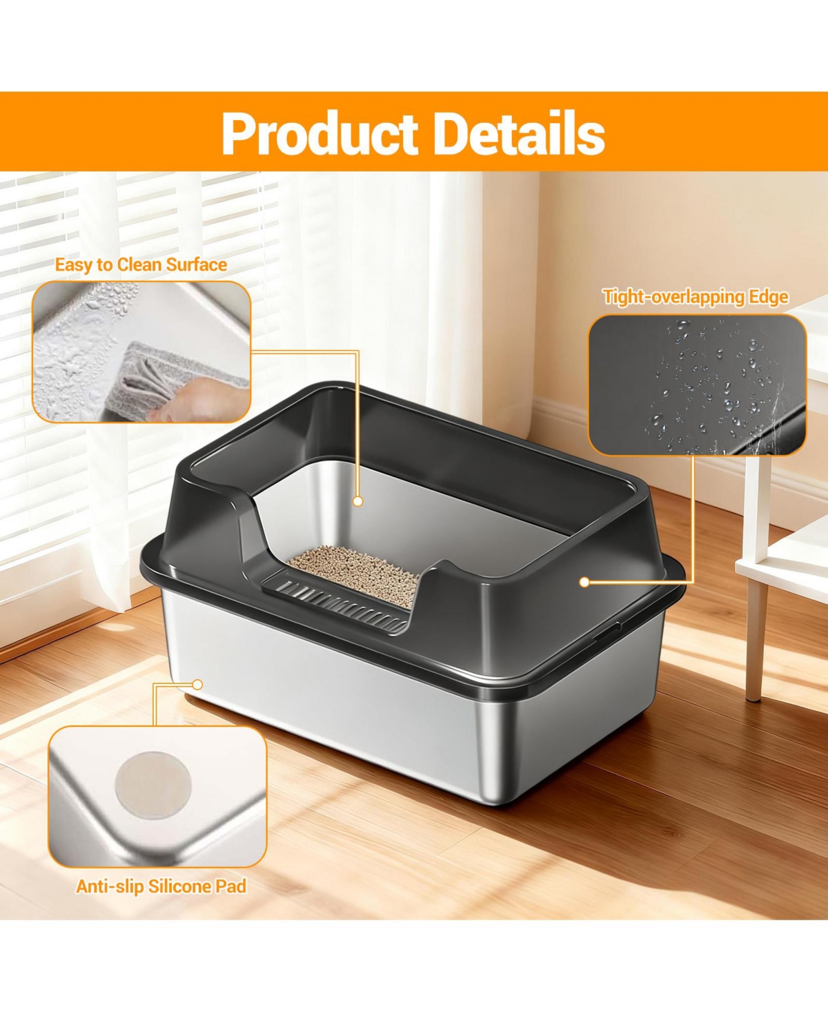 homfan High Sided and Non-Stick Stainless Steel Cat Litter Box, Extra Large, Odor Resistant, Anti-Leak, Easy to Clean, Non-Slip Base for Cat