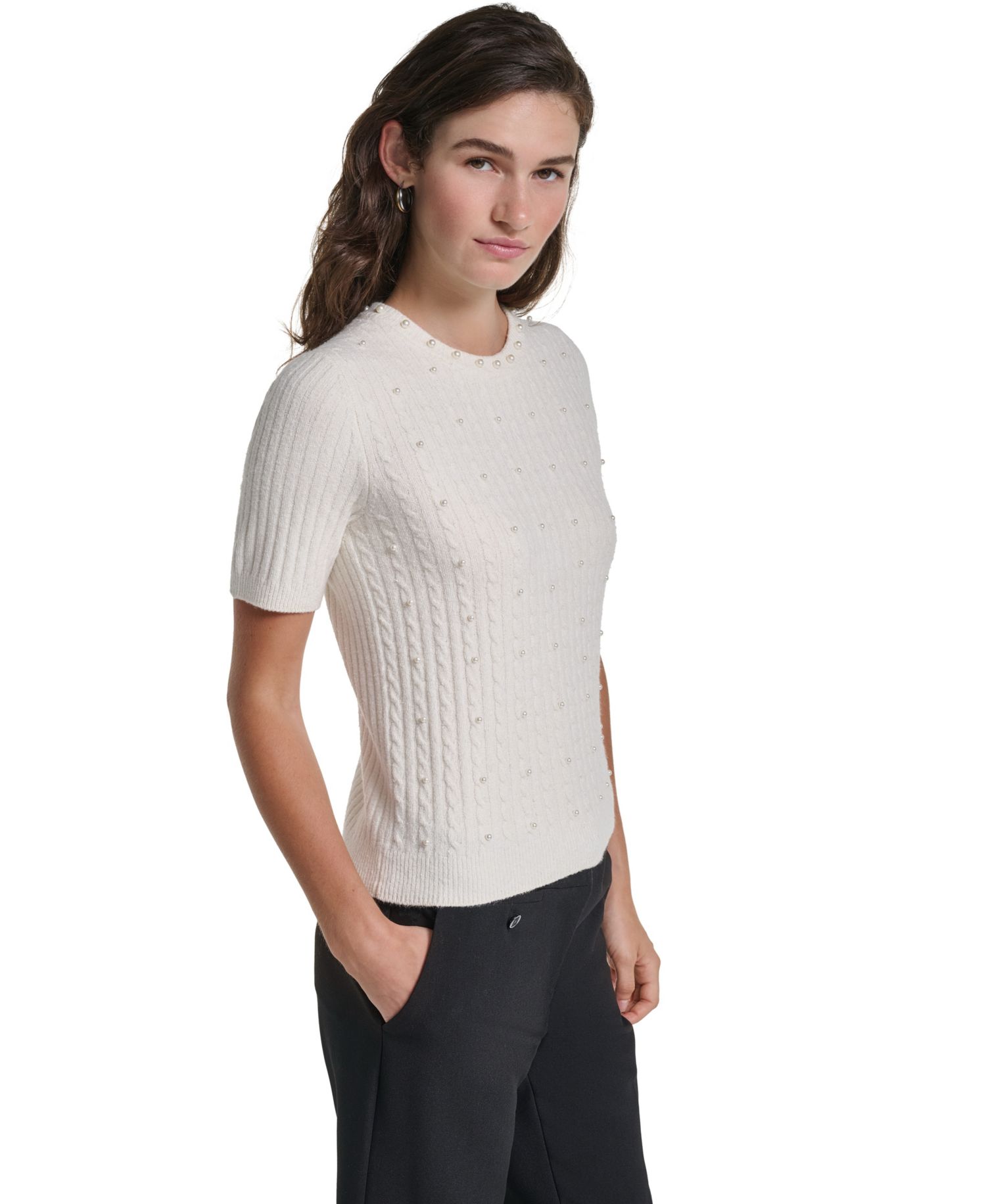 PetiteCable-Knit Crewneck Short-Sleeve Sweater