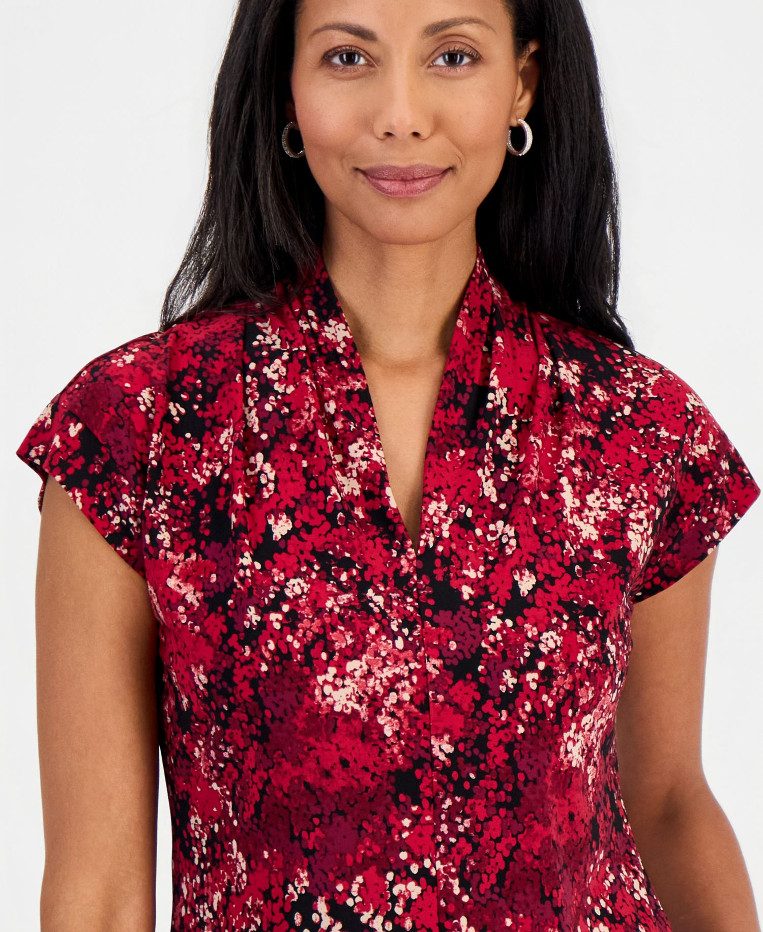 Petite Funnel Neck Cap-Sleeve Print Blouse