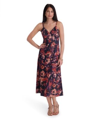 Women's Printed Satin Sleeveless V-Neck Maxi Dress