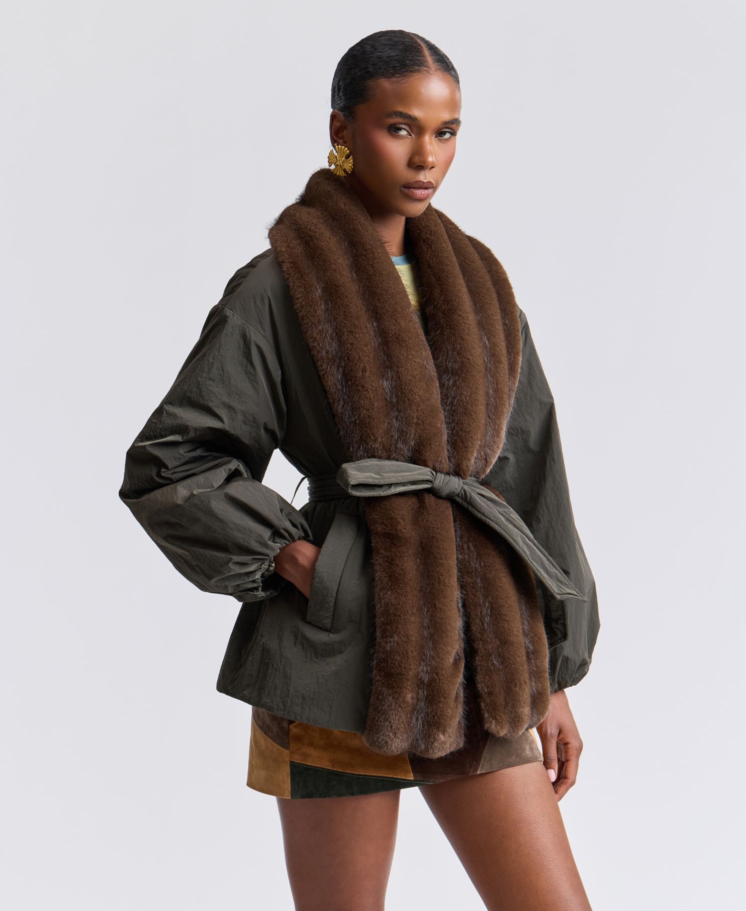 Women's Belted Faux-Fur-Trim Shawl Collar Puffer Jacket