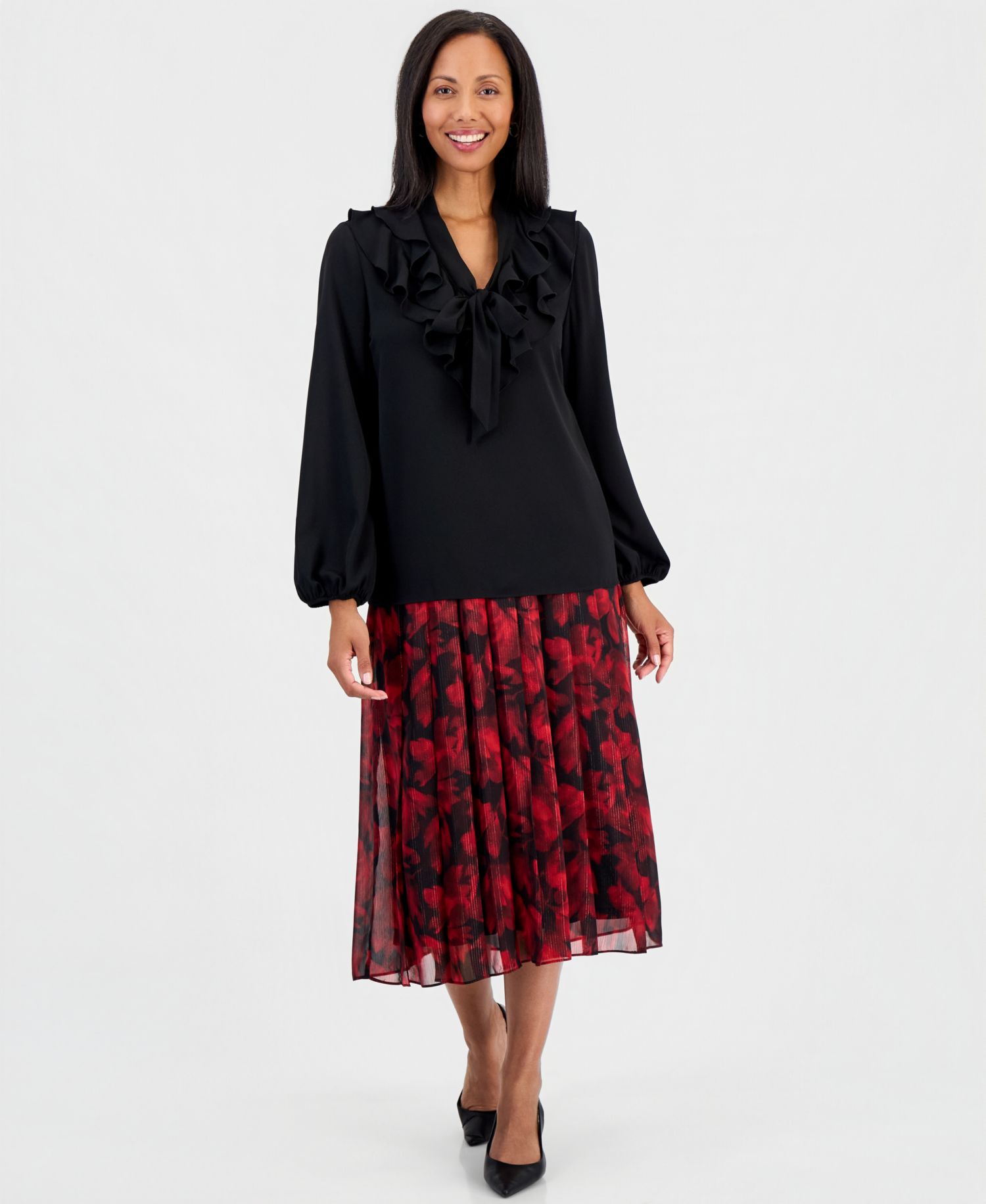 Women's Ruffle-Neck Tie-Front Long-Sleeve Blouse