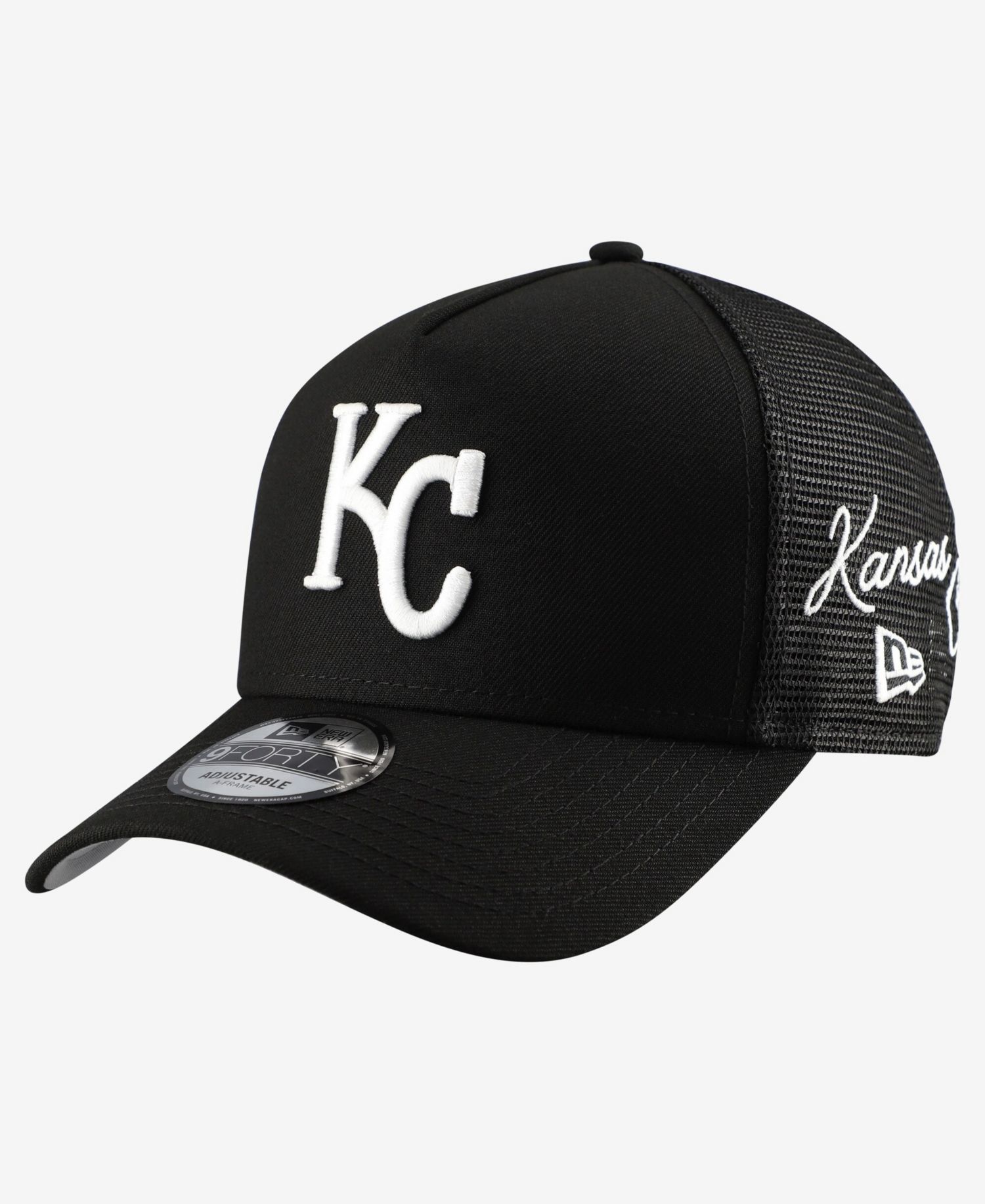 Men's Black Kansas City Royals Side Script 9FORTY A-Frame Trucker Adjustable Hat