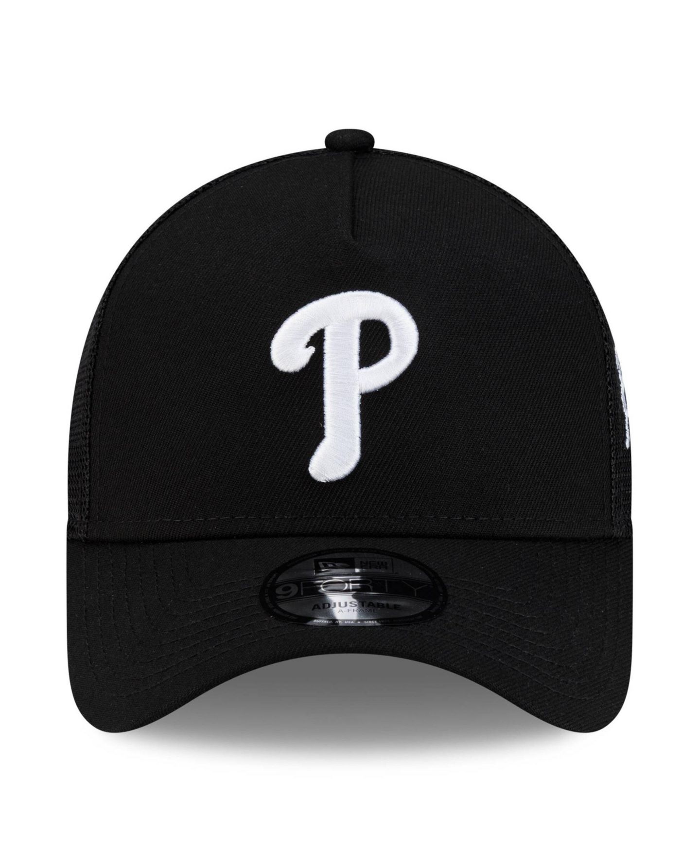 Мужская кепка New Era Black Philadelphia Phillies Side Script 9FORTY A-Frame Trucker Adjustable Hat — фото 2
