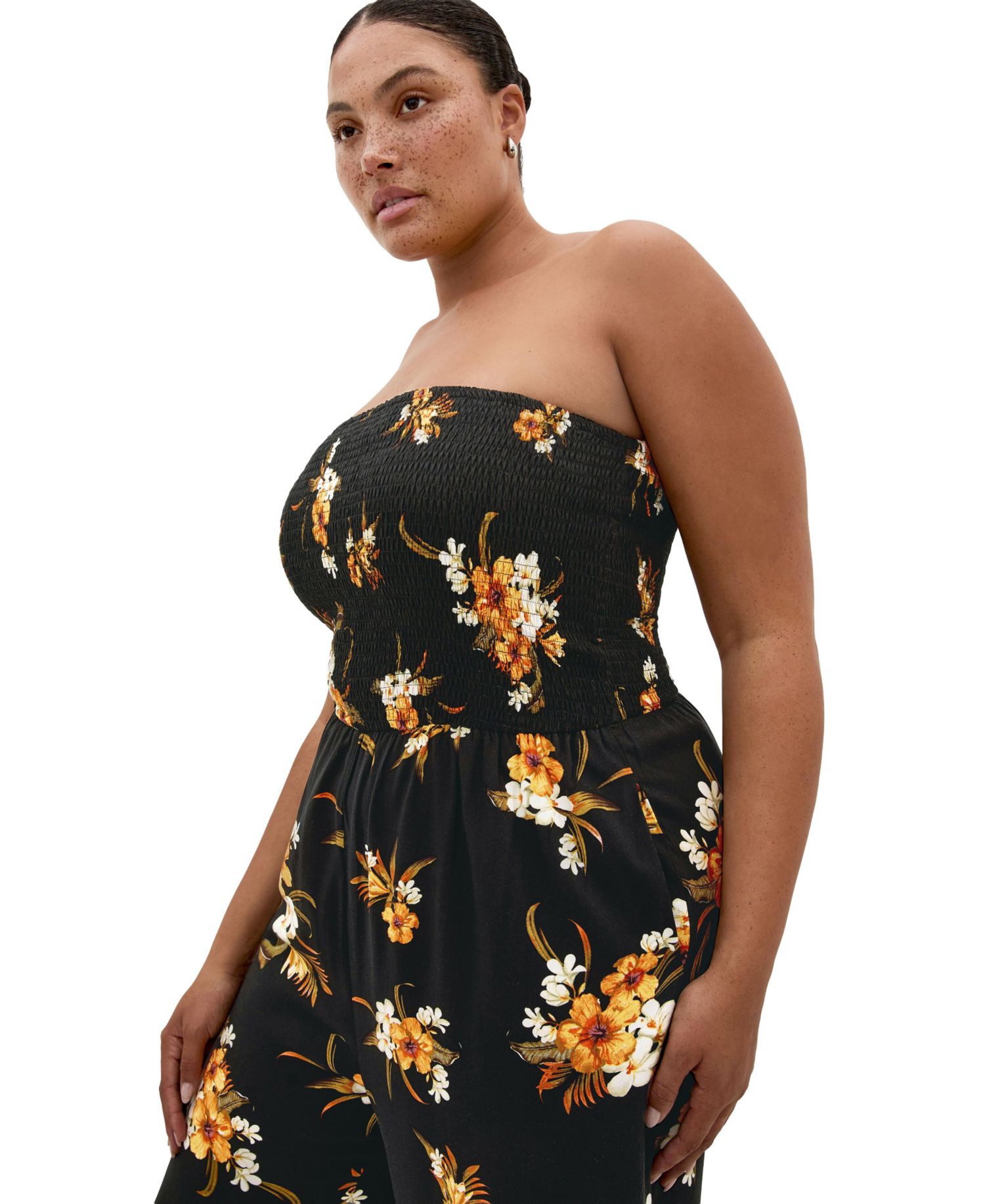 Plus Size Aruba Print Strapless Wide-Leg Jumpsuit