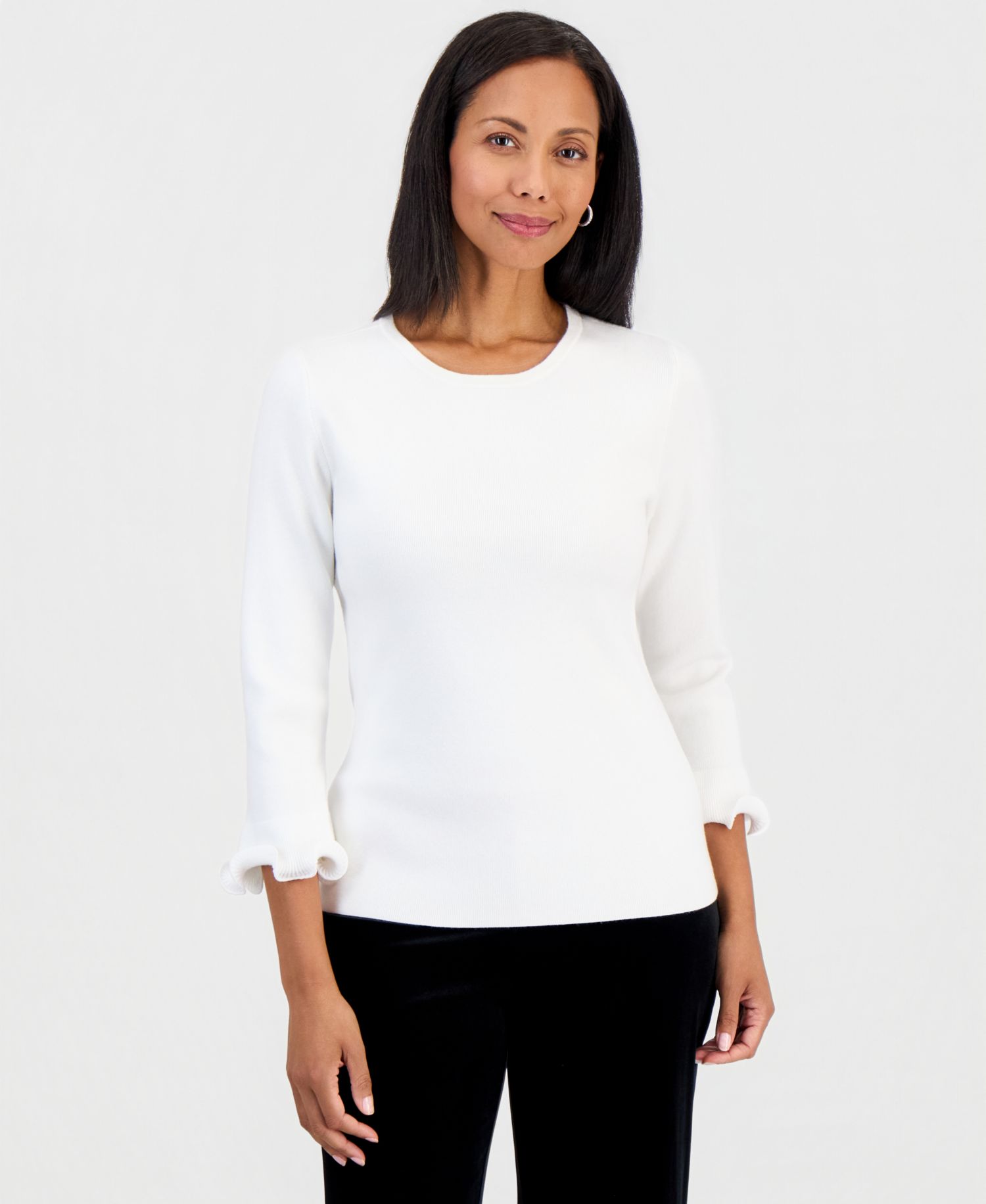 Petite Crew Neck Sculptural Cuff 3/4-Sleeve Sweater