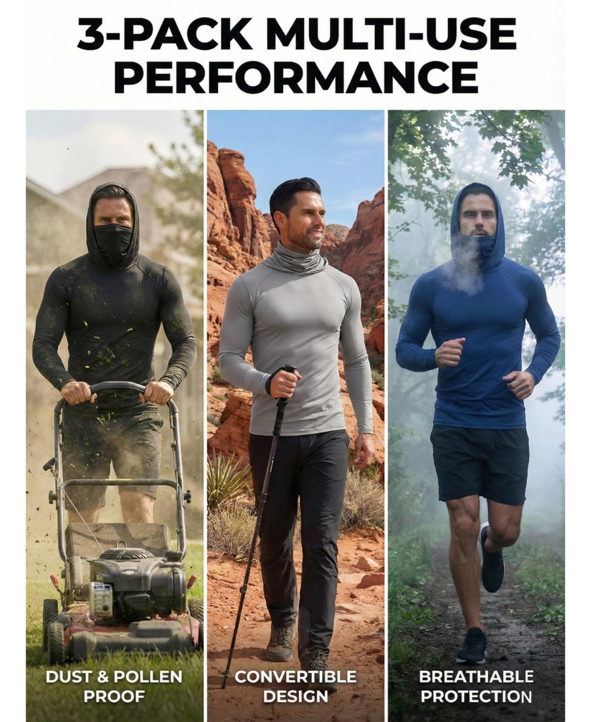 Piscifun 3 Pack Mens Fishing Hooded Face Cover Quick Dry Long Sleeve Performance Tee Outdoor Sports Yard Work