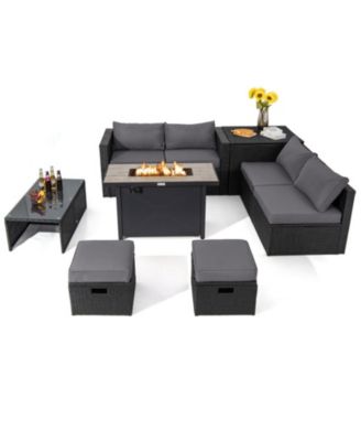 9-Piece Outdoor PE Rattan Patio Sectional Conversation Set with 42 in 60,000 BTU Gas Fire Pit Table