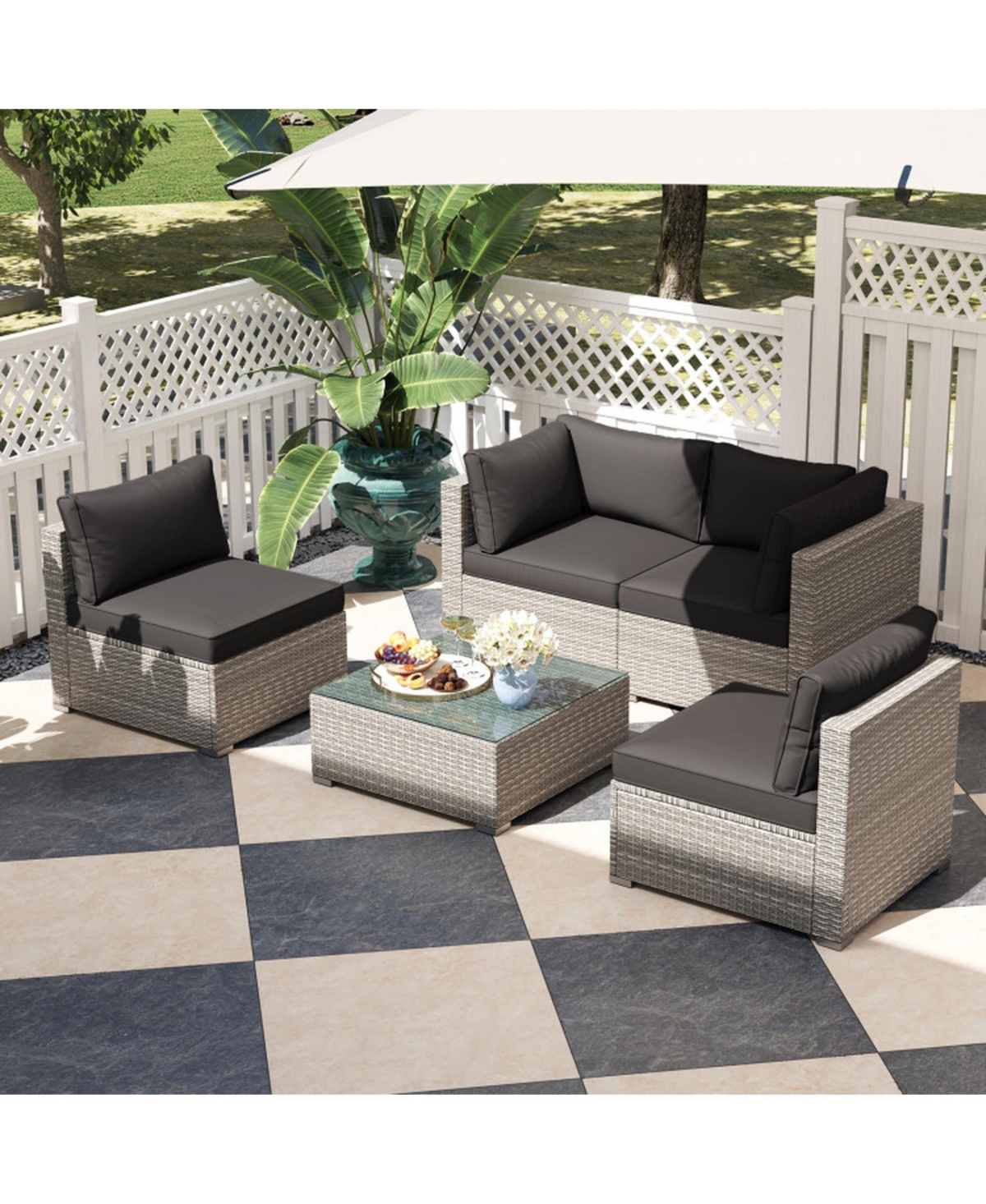 Gouun 5-Piece Outdoor Pe Rattan Patio Sectional Conversation Set with Tempered Glass Coffee Table