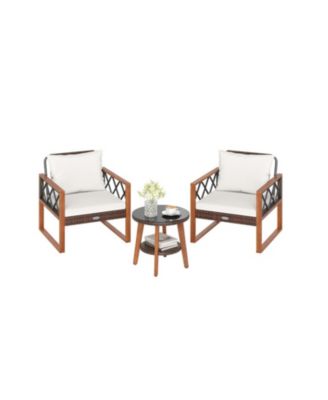 3 Piece Patio Furniture Set with PE Wicker Chairs, Acacia Wood Trim and 2 Tier Glass Top Table