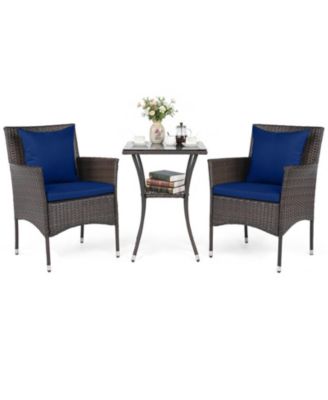 3-Piece Rattan Bistro Chair Set with 2-Tier Tempered Glass Side Table