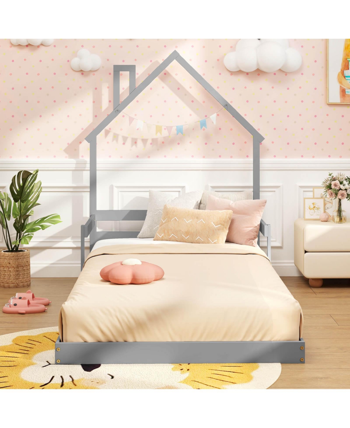 Costway Twin Floor Bed for Kids with Chimney Headboard and Handrail