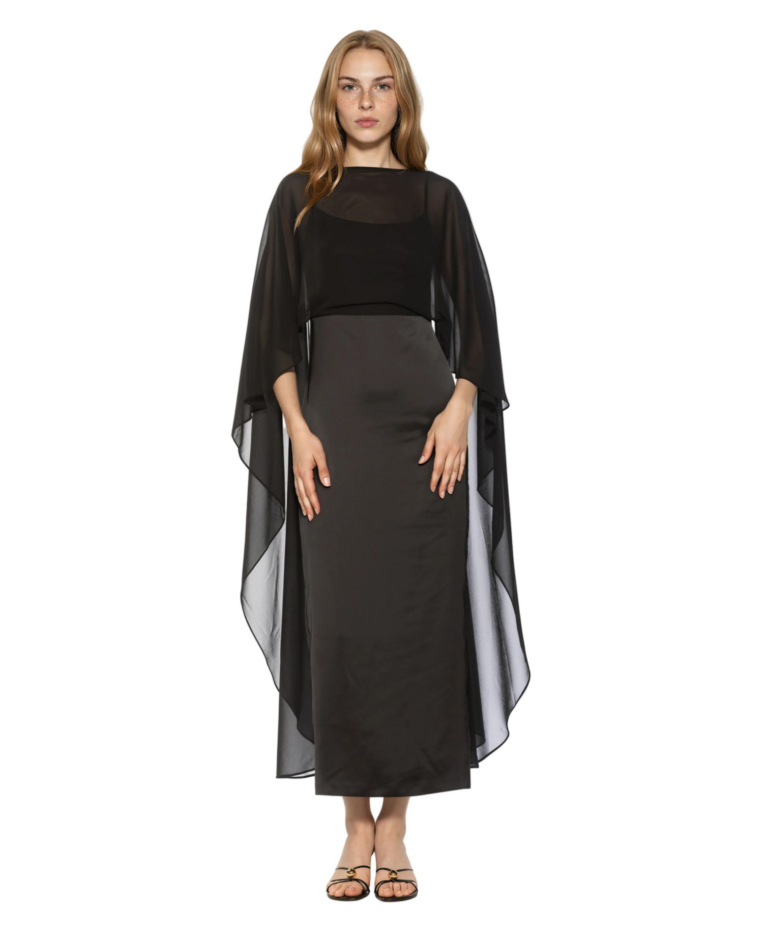 Women's Cape-Sleeve Chiffon Overlay Boat Neck Satin Gown