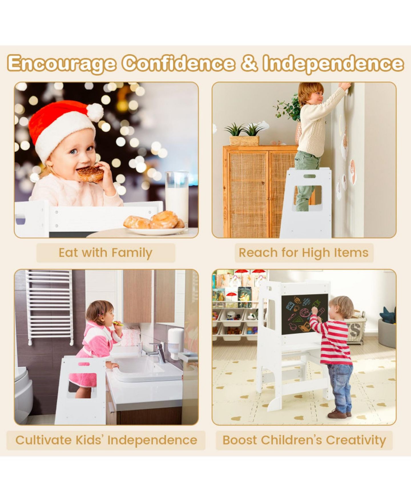 Детская игрушка HONGGE Adjustable Birch Wood Toddler Kitchen Tower with Chalkboards, Ages 3+, цвет: Белый — фото 6