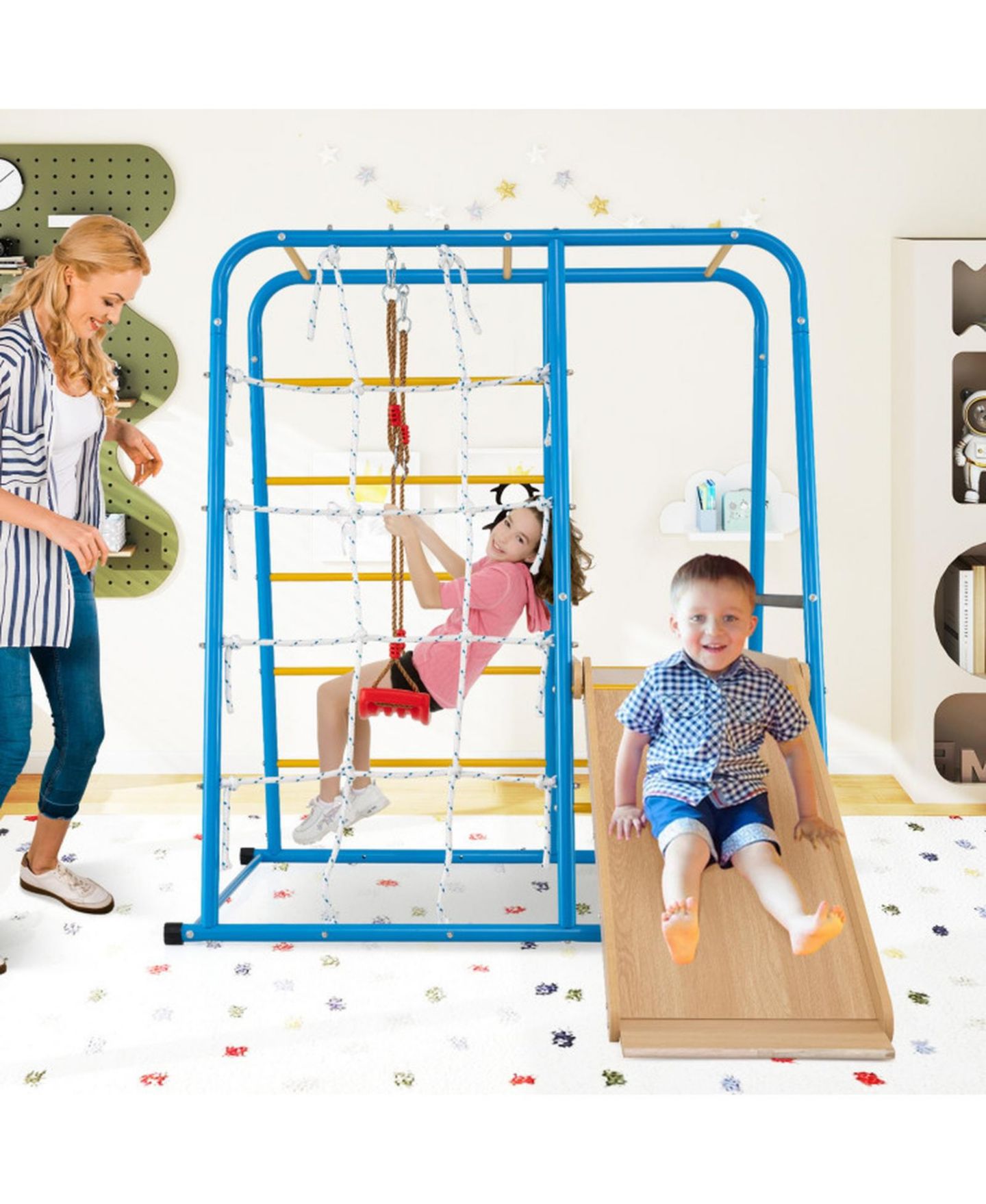 Детский игровой набор HONGGE 6-in-1 Indoor Jungle Gym Playset with Adjustable Swing, 89" x 59" x 62", 220 lbs Capacity, Ages 3+, цвет: Разноцветный / Синий — фото 2