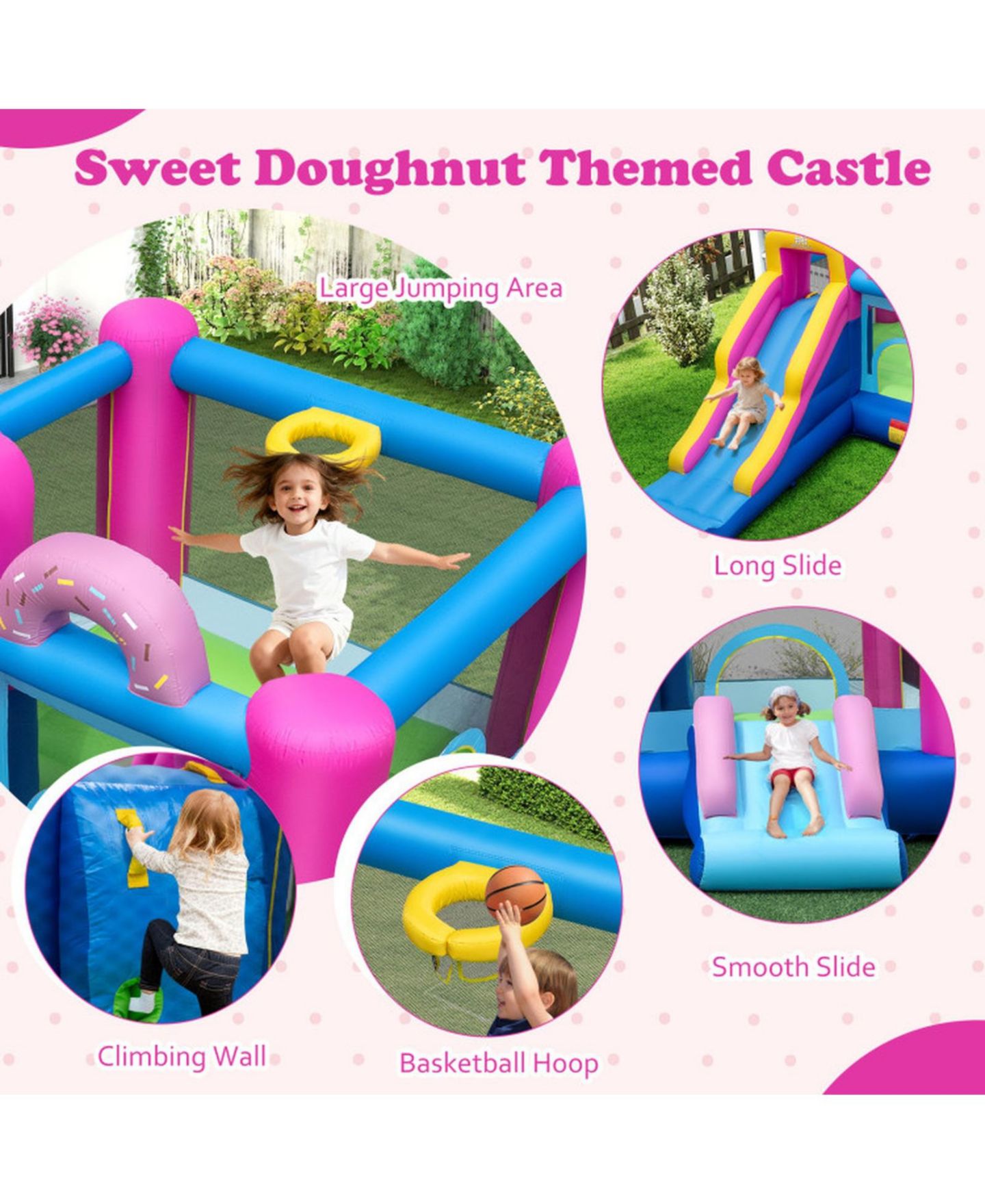 Детские игрушки HONGGE Inflatable Bounce House with Dual Slides and Basketball Hoop, 179" x 133" x 79", Ages 3-12, цвет: Розовый — фото 7