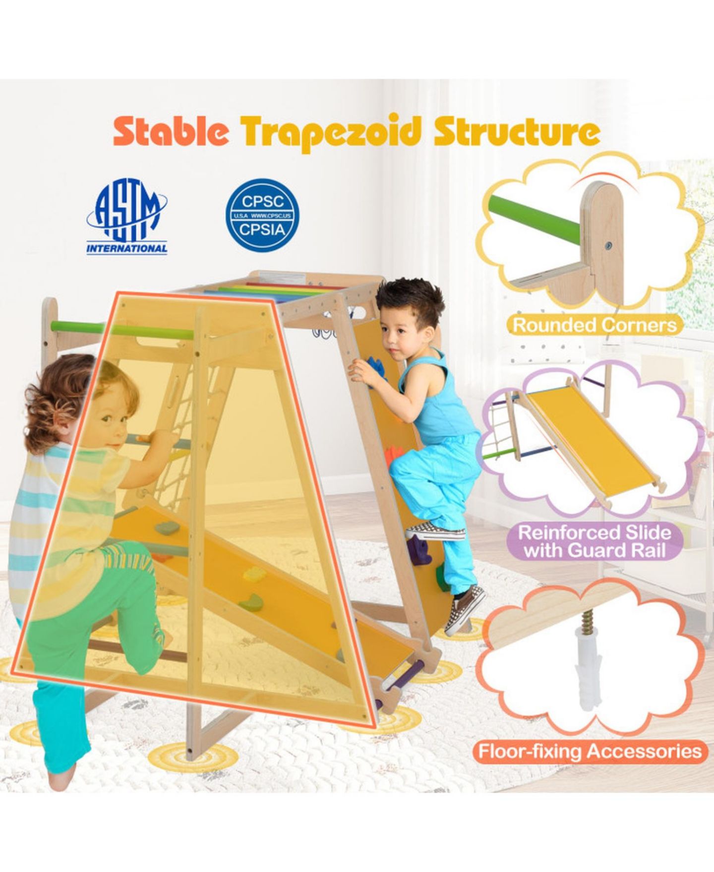 Детская игрушка HONGGE 6-in-1 Kids Indoor Jungle Gym with Slide and Climbing Wall Ages 3-14, цвет: Жёлтый — фото 9