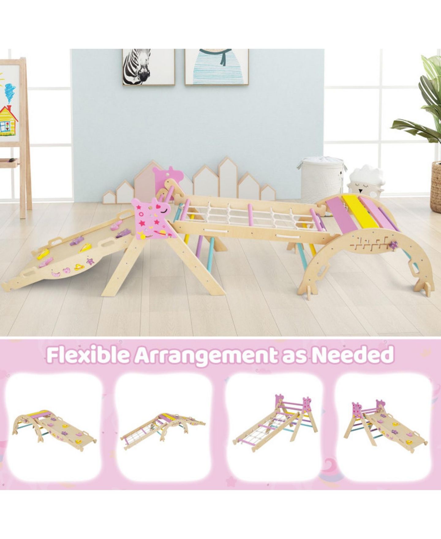 Детские игрушки HONGGE 8-in-1 Foldable Montessori Wooden Climbing Set, Ages 3+, цвет: Розовый — фото 7