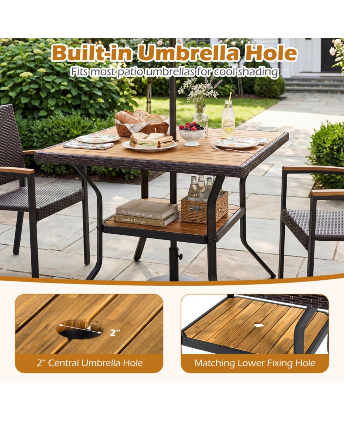 Sugift 37 inch Square Outdoor Dining Table for 4 with Acacia Wood Top and 2in Umbrella Hole