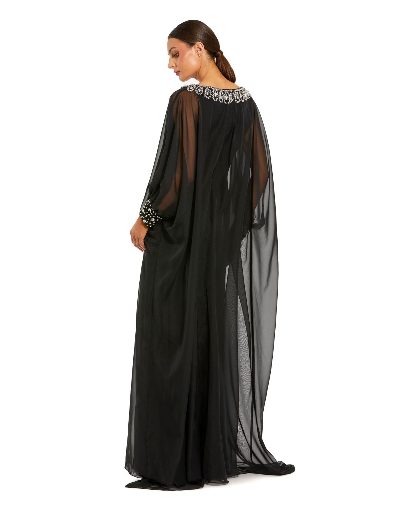 Женские платья Mac Duggal Chiffon Long Sleeve Kaftan Gown with Beaded Neckline, цвет: Чёрный — фото 2