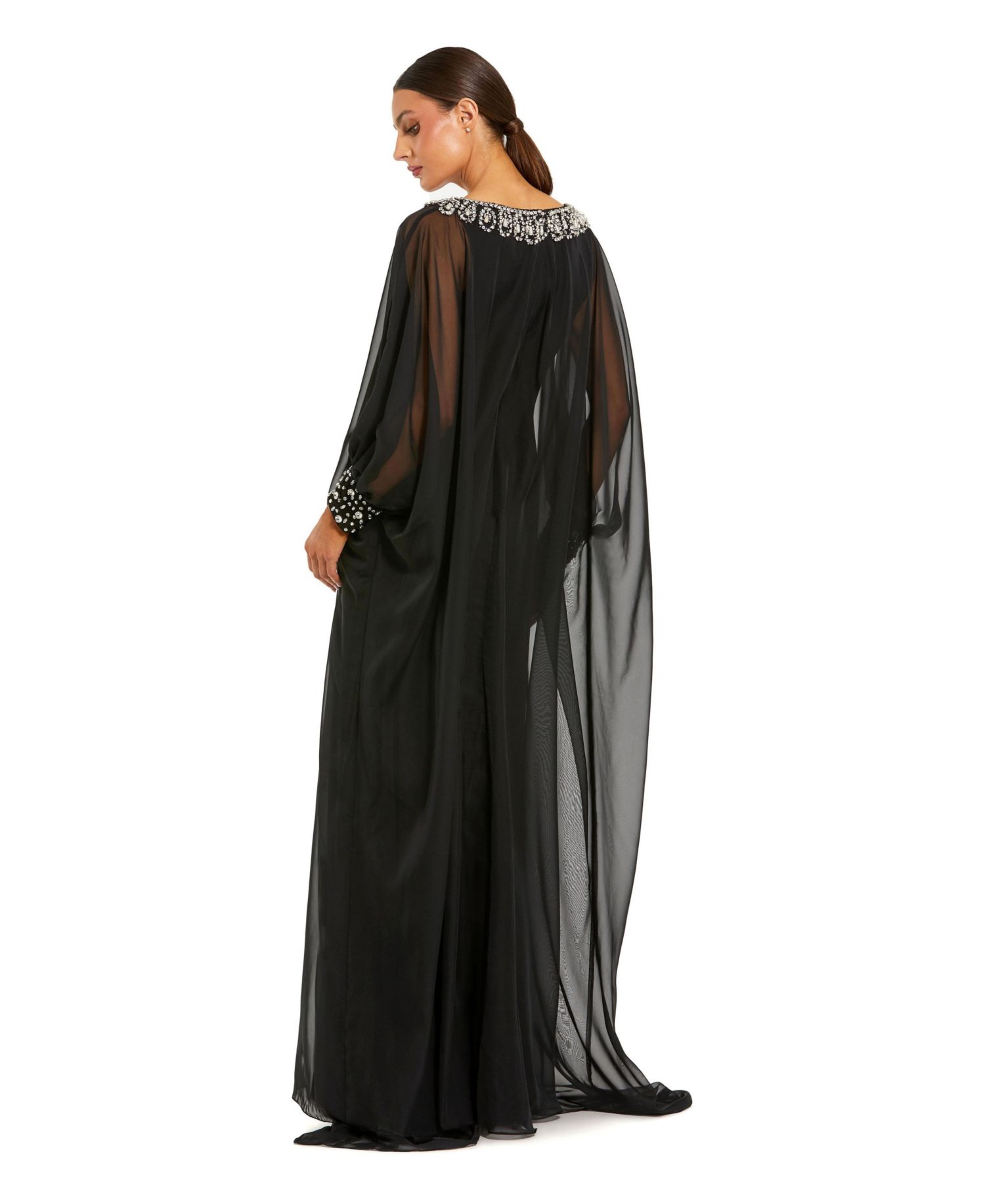 Women's Chiffon Long Sleeve Kaftan Gown with Beaded Neckline