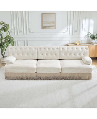 3-Seater Modular Sectional Sofa for Living Room, Velvet Fabric, Button Tufted Back, Tassel Fringe Skirt, Free Combination
