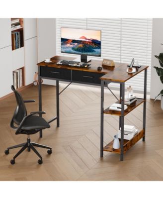 40 inchL-Shaped Desk with Power Outlet - 3-Tier Shelves and 2 Drawers, Corner Desk with Headphone Hook for Small Spaces