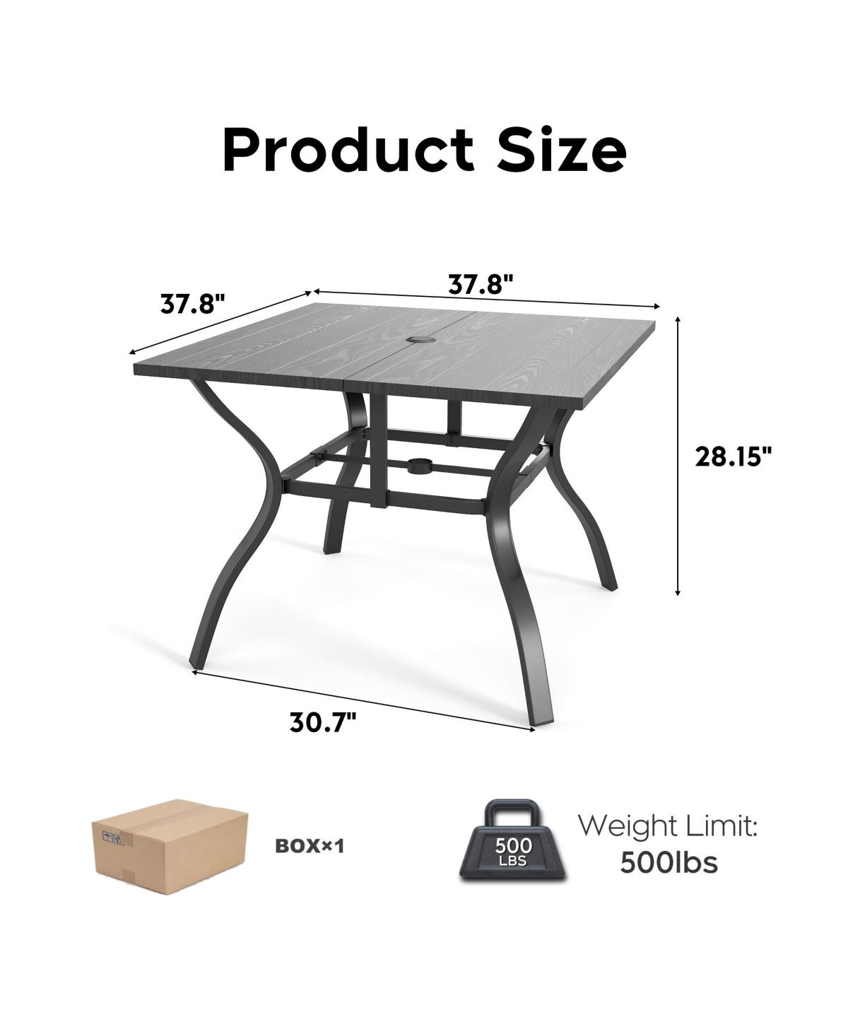 Clihome 37.8in Square Wood Grain Patio Table with Umbrella Hole, 500LB Heavy Duty Metal Frame Dining