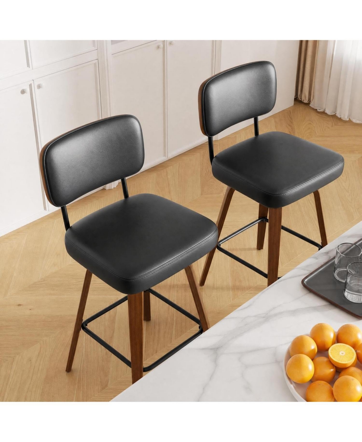 homfan Set of 2 Faux Leather Swivel Counter Stools with Bentwood Legs and Back, 26" Seat