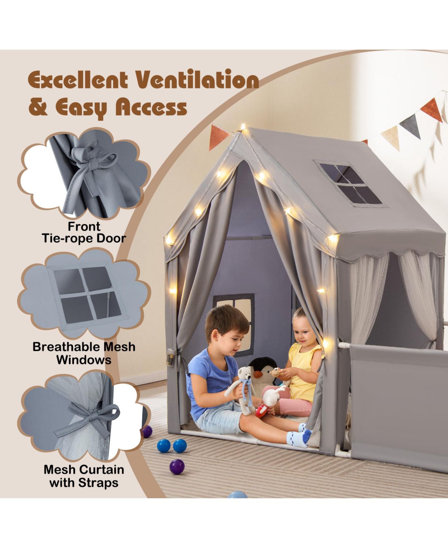 Детская игрушка SUGIFT 2-in-1 Play Tent and Playpen Yard with Star String Lights, Ages 3+, цвет: Серый — фото 6