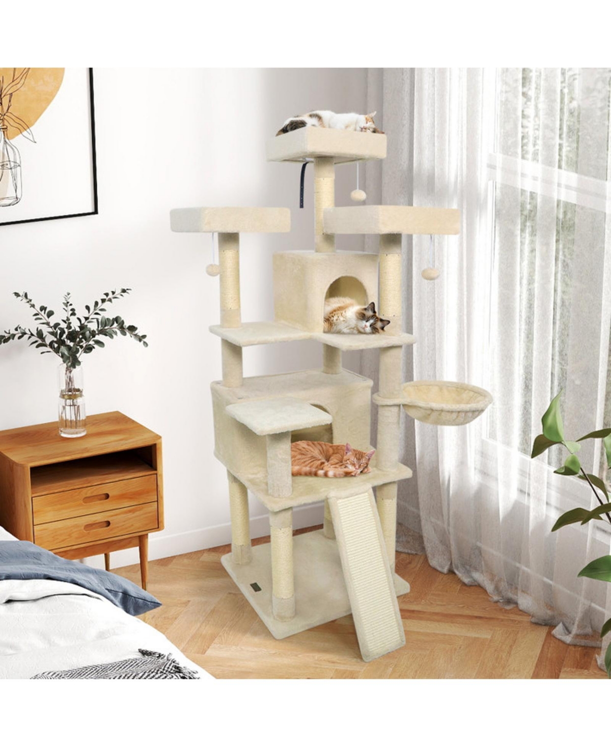 Sugift 65 in Tall Multi-Level Cat Tree with 3 Upholstered Perches and 2 Cat Condos