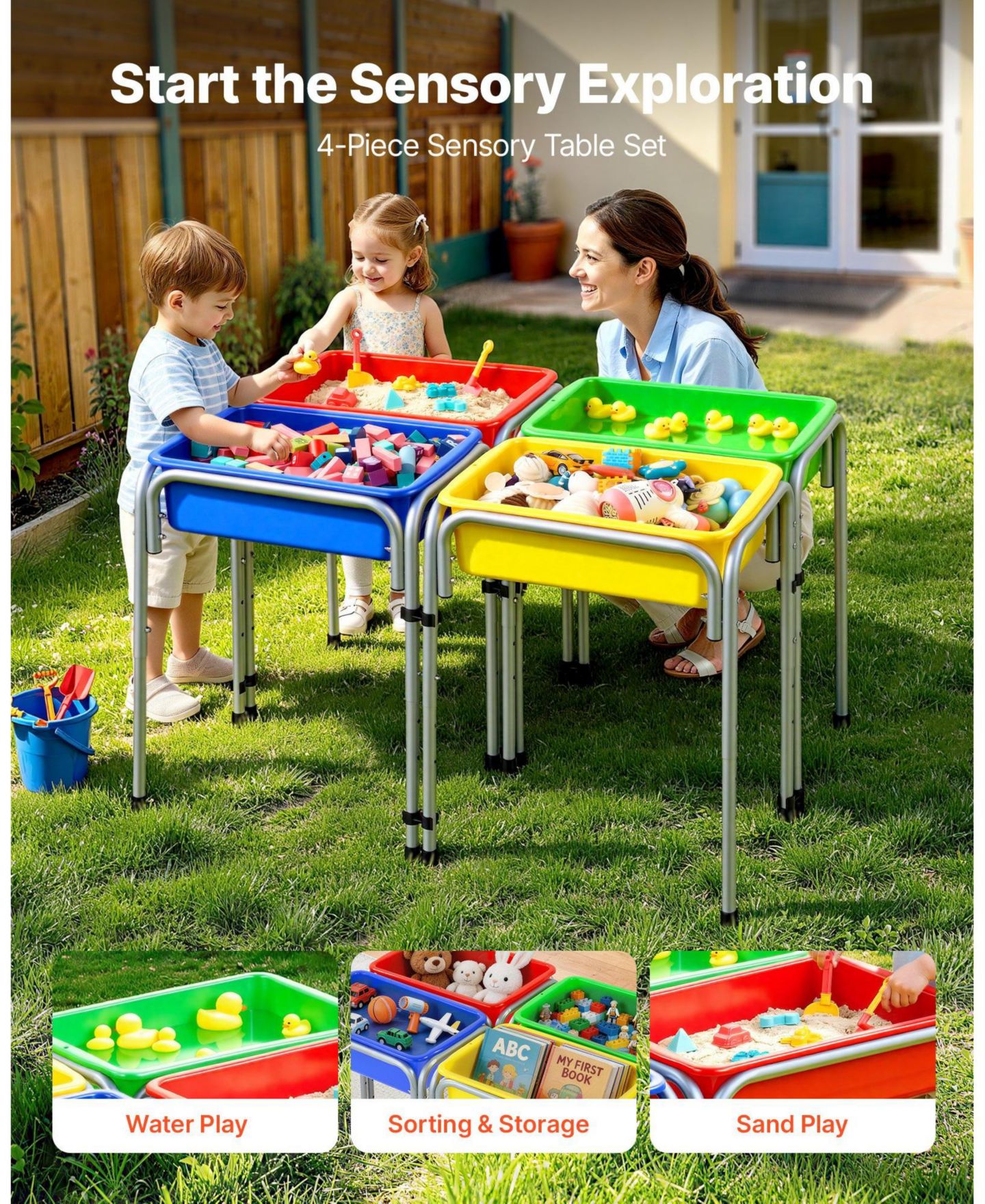 Детские игрушки HONGGE 4 Station Height-Adjustable Sand and Water Play Table, 4-Piece, Ages 3-6, цвет: Серебристый — фото 6