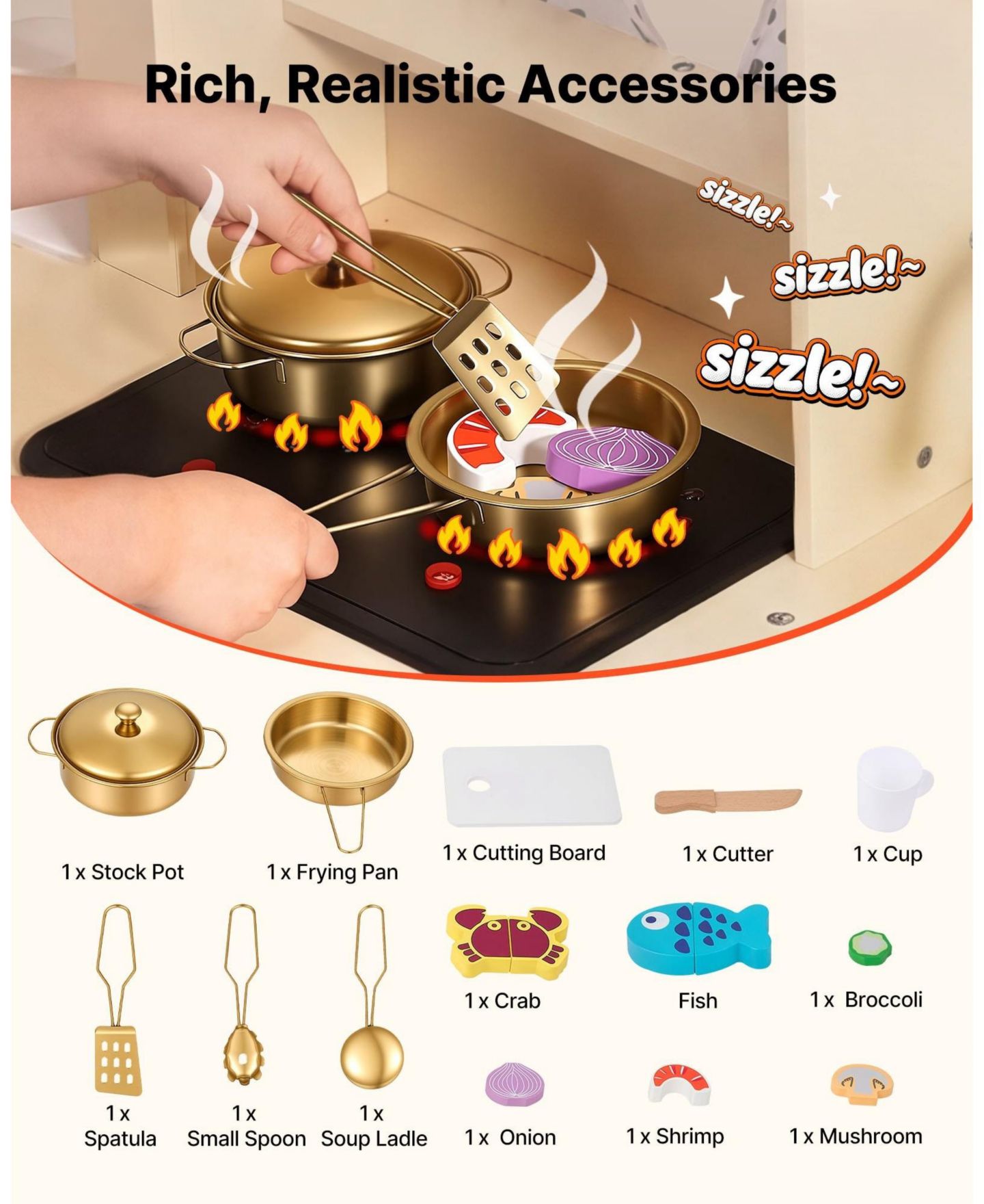 Детские игрушки HONGGE Realistic Lights and Sounds Wooden Play Kitchen, 12-Piece, Ages 3+, цвет: Белый — фото 8