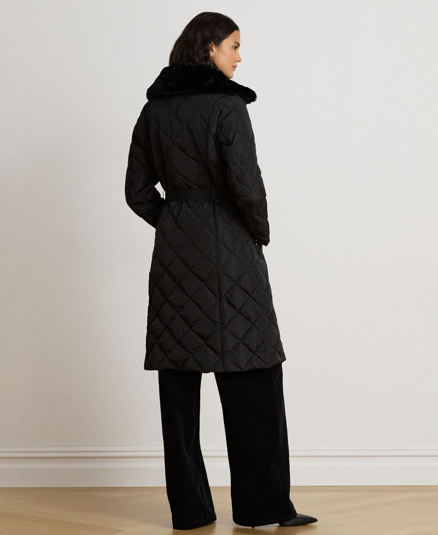 Women's Belted Quilt with Faux Fur Collar Coat