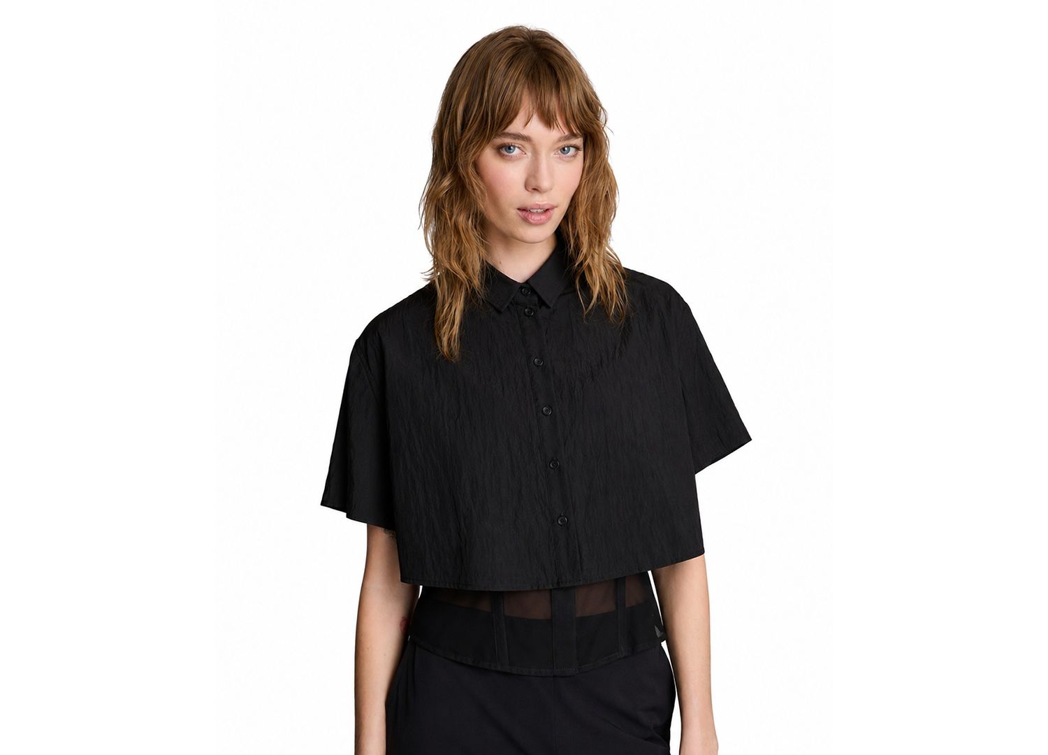 Women's Short Sleeve Cropped Boxy Button-Down Shirt with Corset Underlayer