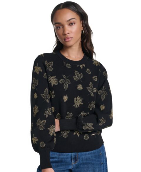 Женский свитер KARL LAGERFELD PARIS Petite Metallic-Leaf Print Crewneck, цвет: Чёрный / Золотой