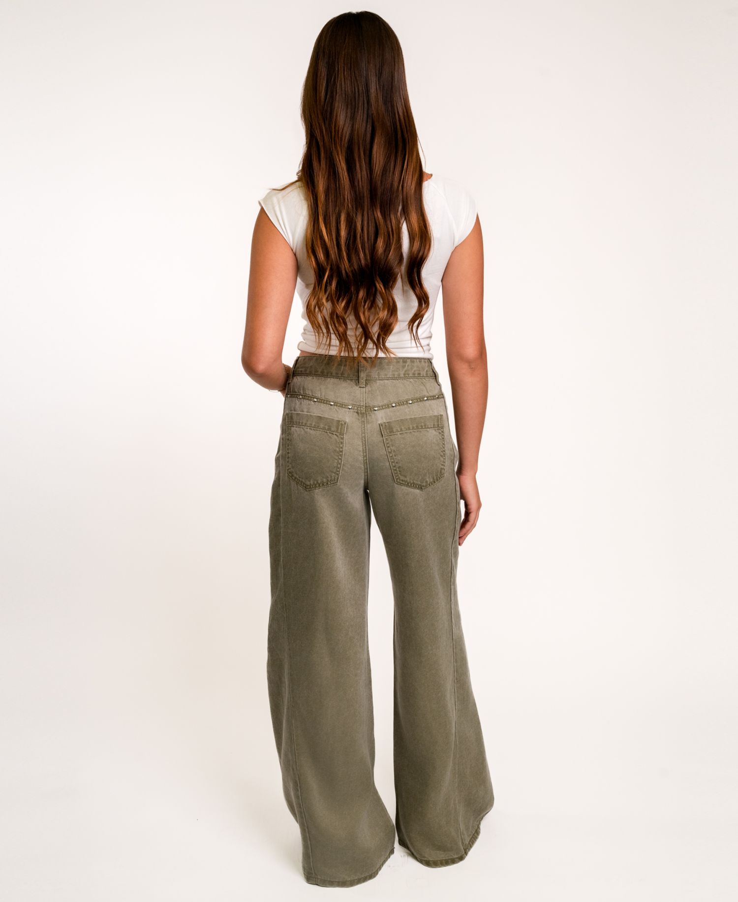 Juniors' High-Waisted Wide-Leg Studded Jeans